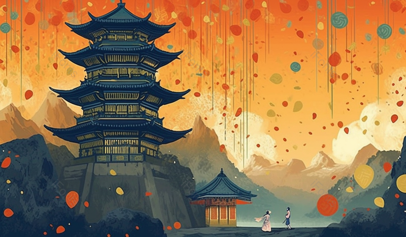 两人楼下看气球烟花古典复古中国风国潮楼阁阁楼插画,插画/手绘图,插画/手绘图库,插画/手绘图下载,插画/手绘